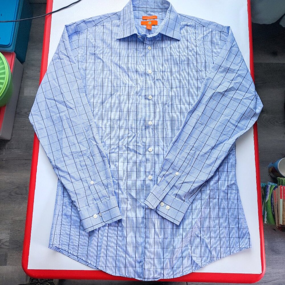 Egara dress shirt slim fit light blue checkered men's size 16.5 36-37 Tall